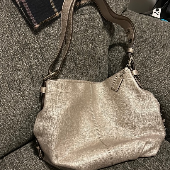 Coach Silver Metallic Pebbled Leather Shoulder Duffel Bag - Picture 1 of 10